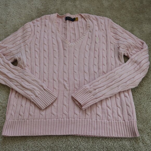 Polo Ralph Lauren Sweaters - Polo by Ralph Lauren Pale Pink Cable-Knit V-Neck Sweater